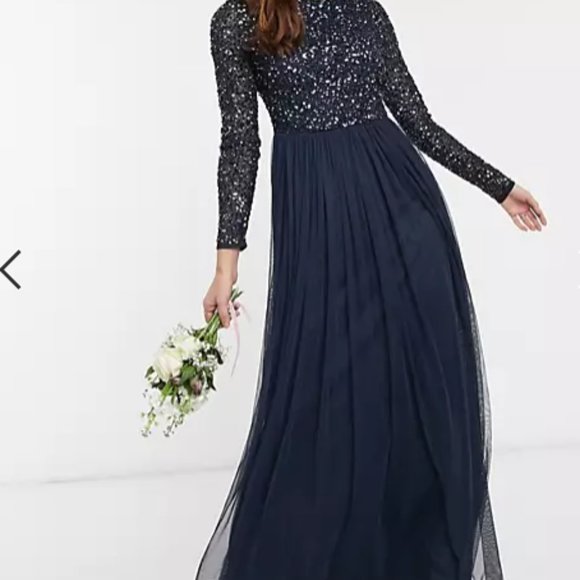 navy blue sequin maxi dress Navy Blue Sequin Long Prom Dresses With Slits Open Back Graduation Dre main image 1